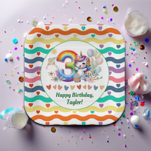 Assiettes En Carton Arc-en-ciel coloré et Unicorne 3e fête d'anniversa