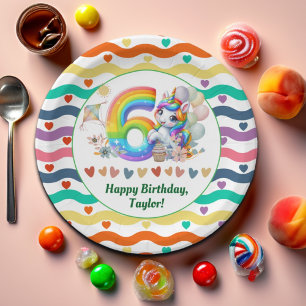Assiettes En Carton Arc-en-ciel coloré et Unicorne 6e fête d'anniversa