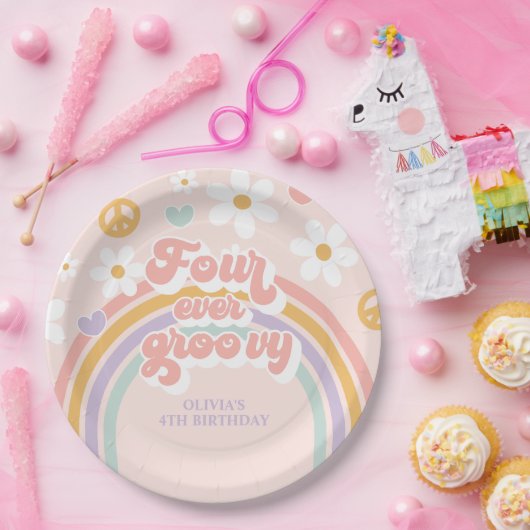 Assiettes En Carton Arc-en-ciel rétro quatre jamais Super 4e anniversa (Fête)