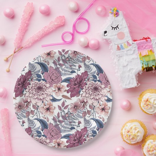 Assiettes En Carton Ardoise bleu rose violet fougères florales botaniq (Fête)