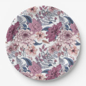 Assiettes En Carton Ardoise bleu rose violet fougères florales botaniq (Devant)