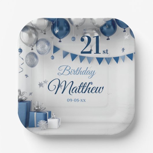 Assiettes En Carton Argent bleu 21e anniversaire (Recto)