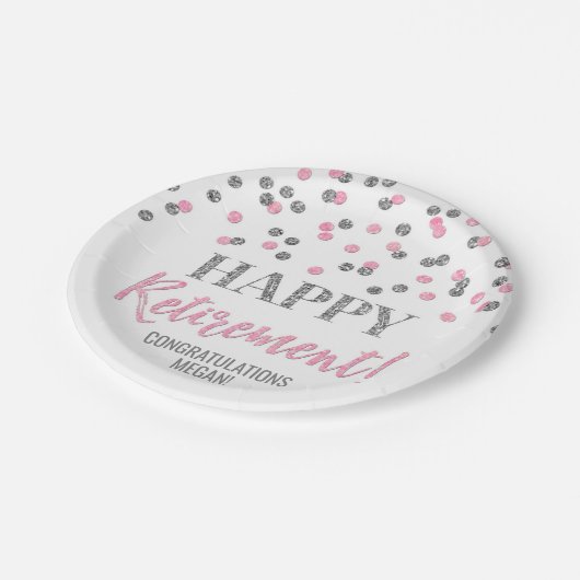 Assiettes En Carton Argent rose Confetti joyeuse retraite (Angle)