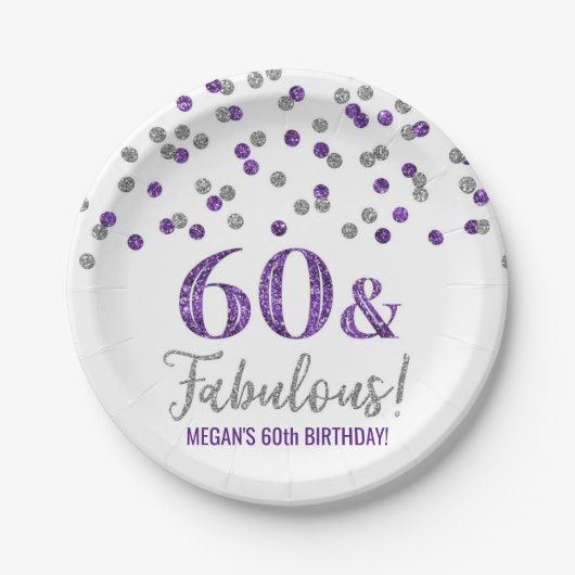 Assiettes En Carton Argent violet Confetti 60 et fabuleux (Devant)