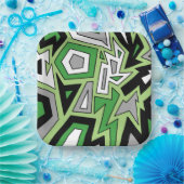 Assiettes En Carton Aro gris noir vert géométrique Abstrait (Fête)