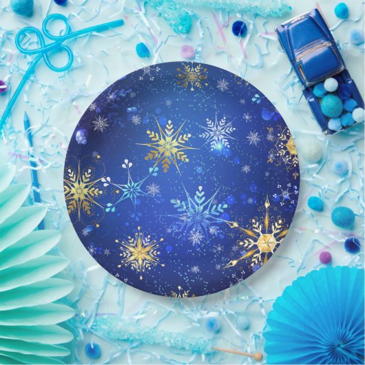 Assiettes En Carton Arrière - plan Bleu XMAS avec des flocons de neige (Fête)