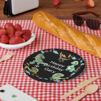 Assiettes En Carton Arrière - plan de couleur noire Dinosaur fête d'an