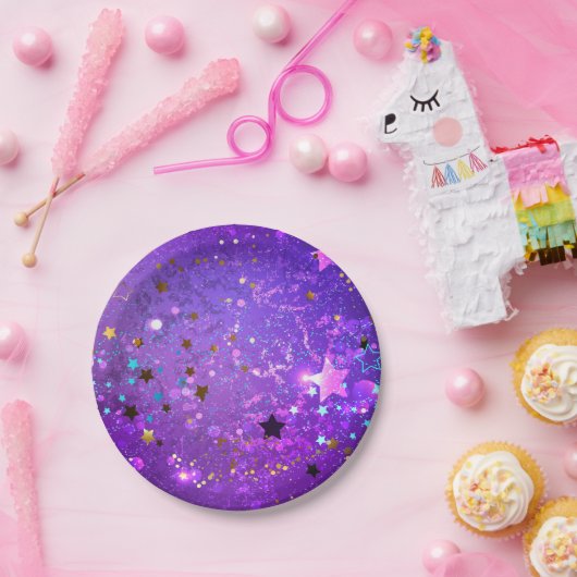 Assiettes En Carton Arrière - plan de feuille violet avec étoiles (Fête)
