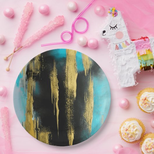 Assiettes En Carton Art Abstrait artistique en Turquoise, Or et Noir (Fête)