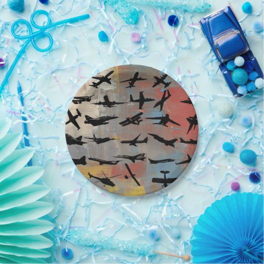Assiettes En Carton Art aéronautique, silhouettes d'avion noir, (Fête)