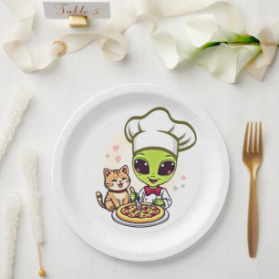 Assiettes En Carton Art de dessin animé de chat et de chef pizza extra