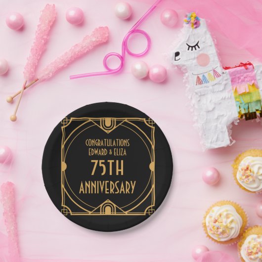 Assiettes En Carton Art Déco Noms 75e anniversaire Mariage Noir (Fête)