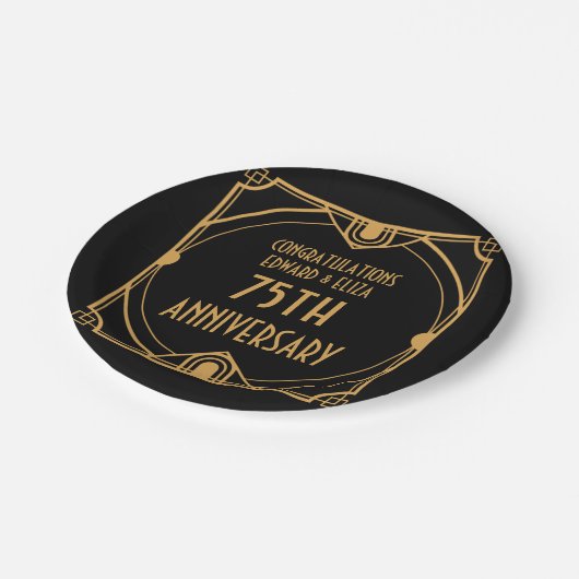Assiettes En Carton Art Déco Noms 75e anniversaire Mariage Noir (Angle)