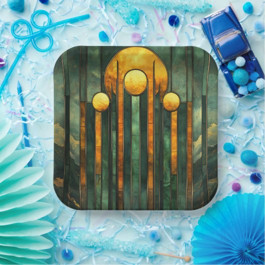 Assiettes En Carton Art déco Turquoise Vert Or Soleil (Fête)