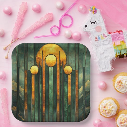 Assiettes En Carton Art déco Turquoise Vert Or Soleil (Fête)