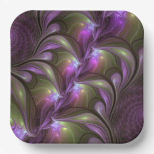 Assiettes En Carton Art fractal abstrait violet pourpre kaki coloré
