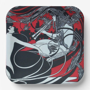 Assiettes En Carton ART NOUVEAU FAUNE  Rouge Bourgogne,Noir Blanc