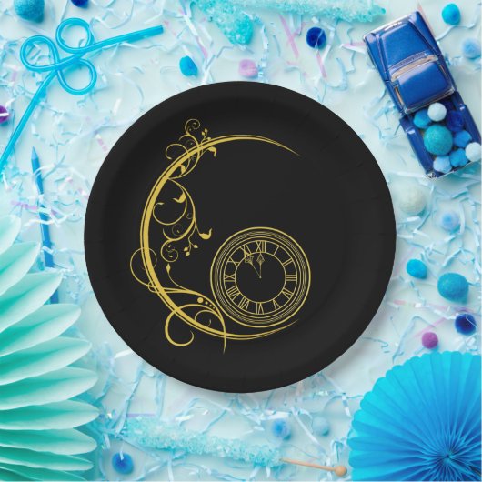 Assiettes En Carton Art Nouveau Or Nouvel An Horloge (Fête)