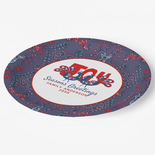 Assiettes En Carton Art populaire Noël Oiseau scandinave Rouge Bleu (Angle)