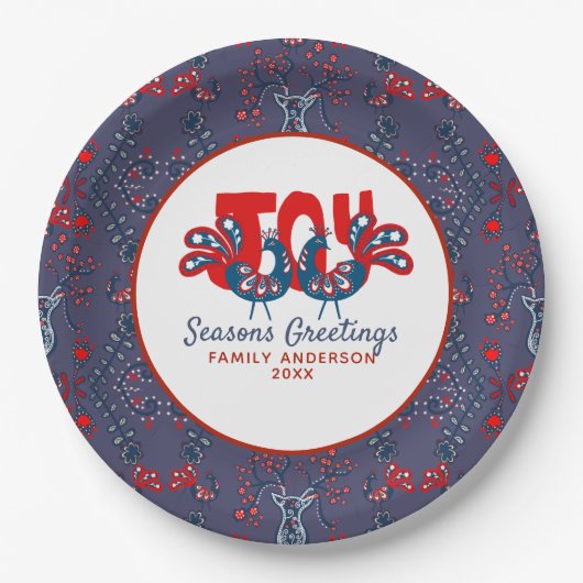 Assiettes En Carton Art populaire Noël Oiseau scandinave Rouge Bleu (Devant)