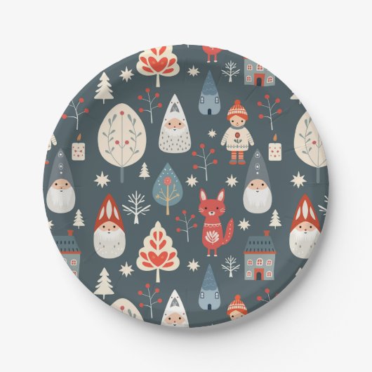 Assiettes En Carton Art populaire scandinave avec génomes de Noël (Devant)