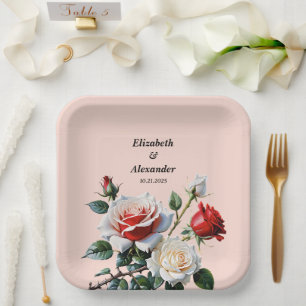 Assiettes En Carton Assez roses blanches rouges floraux mariage
