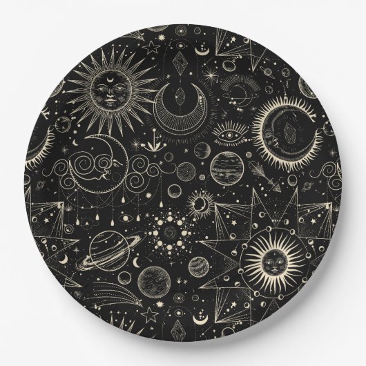 Assiettes En Carton astrologie magique tarot boho motif céleste (Devant)