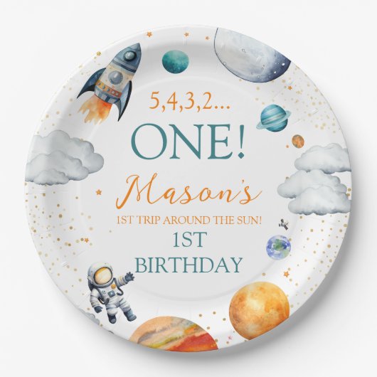 Assiettes En Carton Astronaut Jour de l'Anniversaire (Devant)