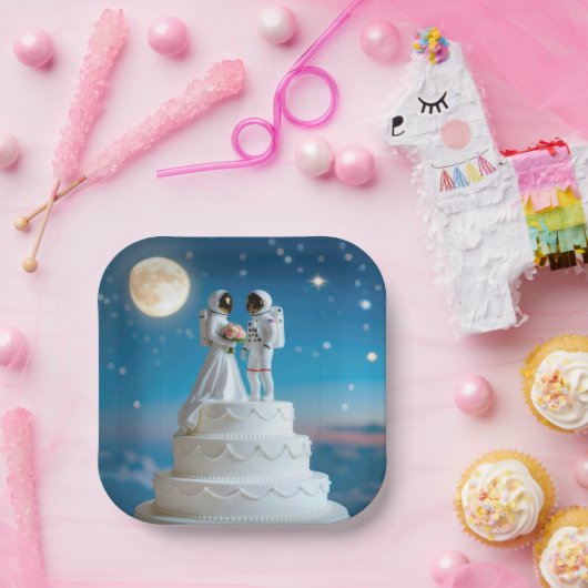 Assiettes En Carton Astronautes nouvellement mariés sur un gâteau Mari (Fête)