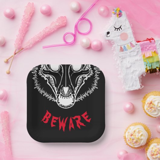 Assiettes En Carton ATTENTION Éffrayant Skulldog (Fête)