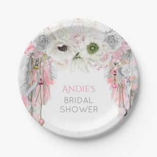 Assiettes En Carton Attrape-rêve Boho Rose Gris Plumes Cristaux