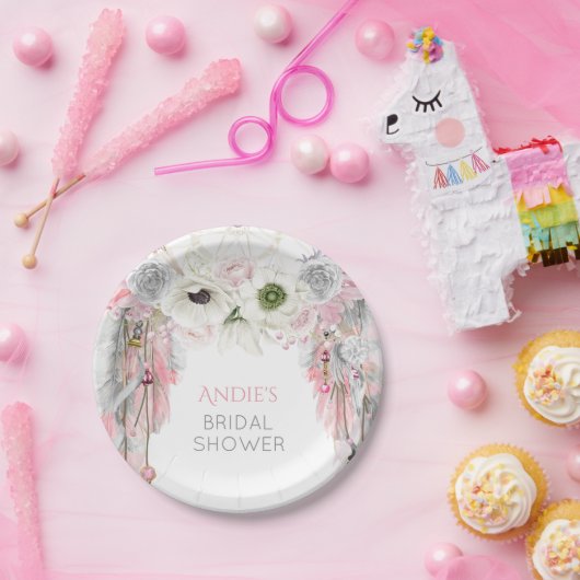 Assiettes En Carton Attrape-rêve Boho Rose Plumes Grises Cristaux (Fête)