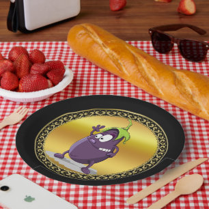 Assiettes En Carton Aubergine de bande dessinée avec les cheveux verts