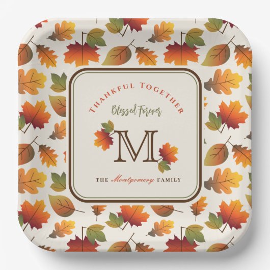 Assiettes En Carton Automne/Automne Feuilles Famille Monogramme Action (Recto)