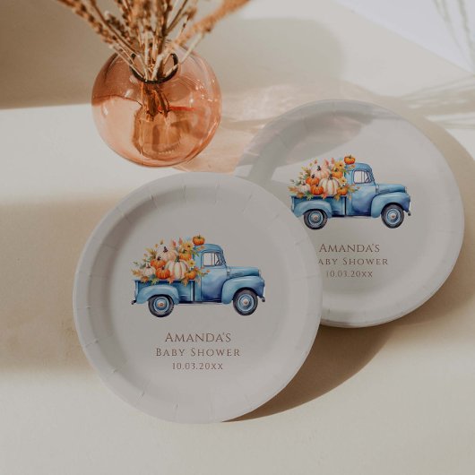Assiettes En Carton Automne Baby shower Citrouille bleu  camion