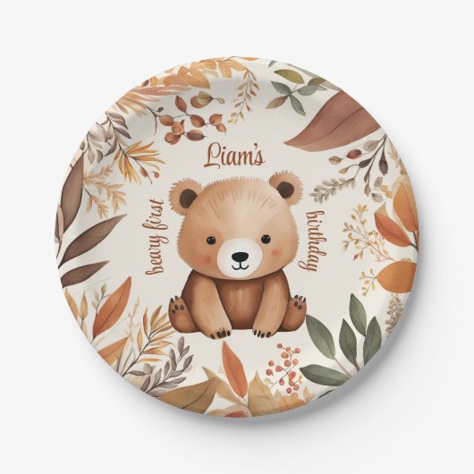 Assiettes En Carton Automne Bébé Ours Un an Anniversaire Bébé Première (Devant)