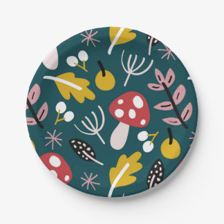 Assiettes En Carton  automne feuilles avec champignons à l'ombre verte