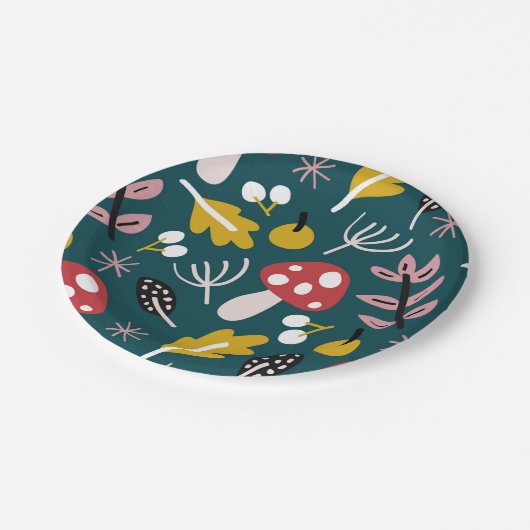 Assiettes En Carton  automne feuilles avec champignons à l'ombre verte (Angle)