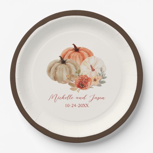 Assiettes En Carton Automne Fleurs Citrouilles Élégantes Tombant amour (Devant)