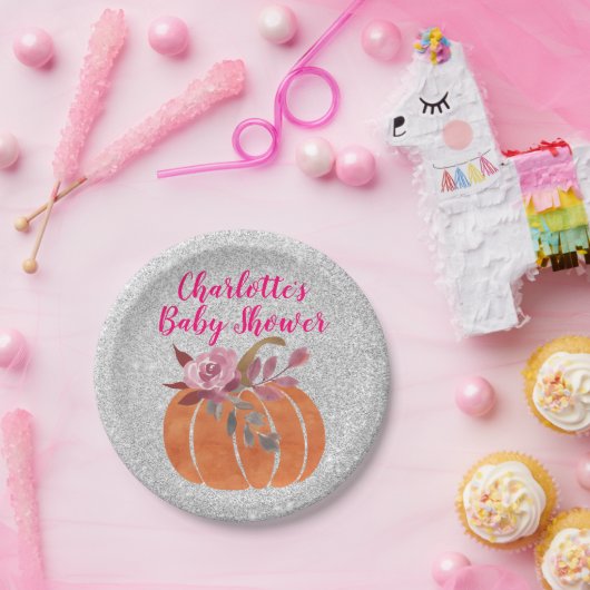 Assiettes En Carton Automne Floral Citrouille Baby shower rose argent (Fête)