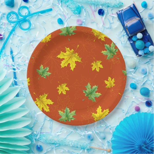 Assiettes En Carton Automne Jaune et Feuilles verts (Fête)
