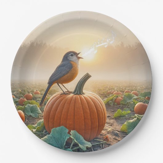 Assiettes En Carton Automne Robin chantant sur un Citrouille (Devant)
