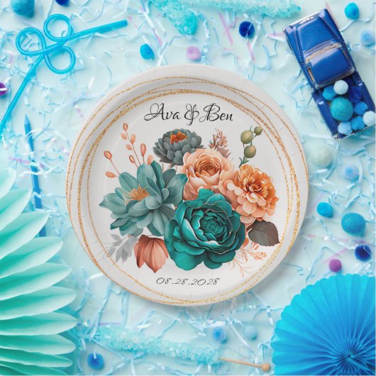 Assiettes En Carton Automne Turquoise et Terracotta Peony Mariage or (Fête)