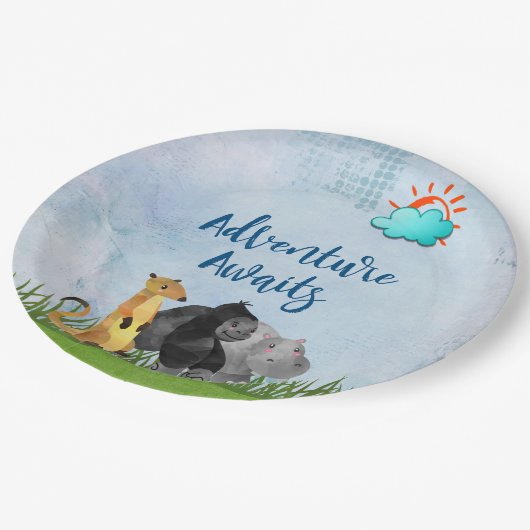 Assiettes En Carton Aventure Await - Gorilla Hippo et Meerkat (Angle)