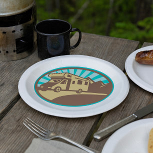 Assiettes En Carton Aventure de camping-car rétro montagne Soleil vint