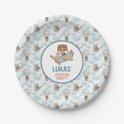 Assiettes En Carton Aviator Party Bear Pastel Blue Anniversaire (Devant)