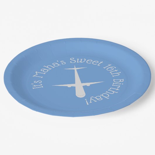 Assiettes En Carton Avion sur bleu Personnalisé (Angle)