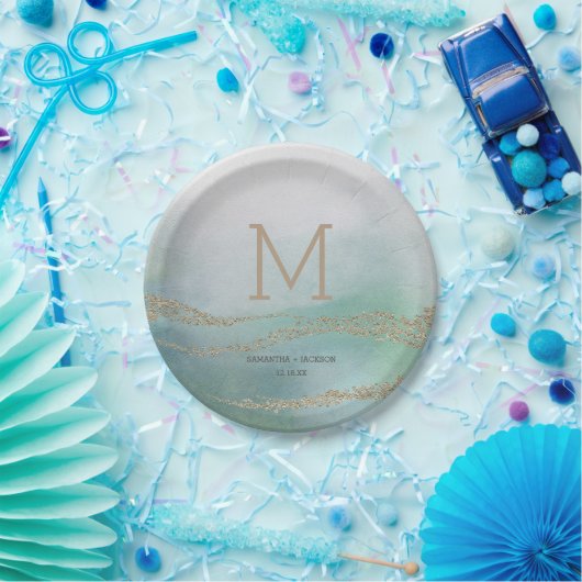 Assiettes En Carton Awash Elegant Aquarelle dans Ocean Mariage Monogra (Fête)