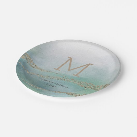 Assiettes En Carton Awash Elegant Aquarelle dans Ocean Mariage Monogra (Angle)