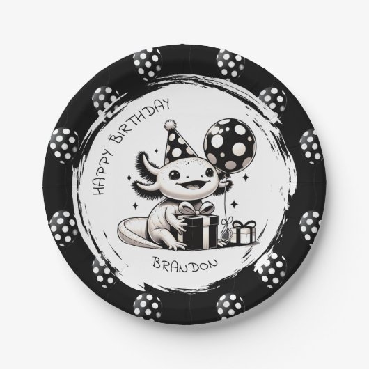 Assiettes En Carton Axolotl et ballons noirs et blancs Anniversaire (Devant)